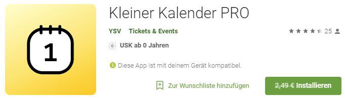 Kleiner Kalender PRO (Android) gratis statt 2,49€