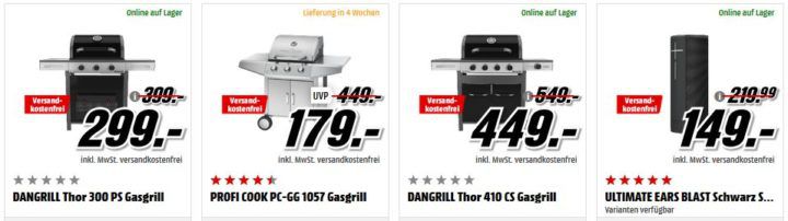 Media Markt Tiefpreisspätschicht: Sport & Fitness und Grill & Camping  u. Outdoor Zubehör z.B. DANGRILL Thor 300 PS Gasgrill für 299€ (statt 399€)