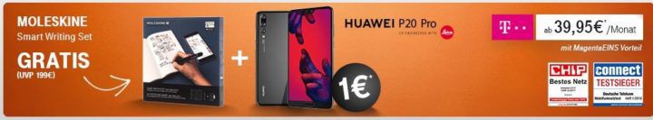 Top! Huawei P20 Pro + Moleskin Set für 1,  € + verschiedene Magenta Verträge ab 39,95€ mtl.
