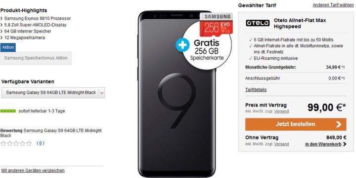 Samsung Galaxy S9 für 99€ + Vodafone Allnet Flat mit 6GB für 34,99€ mtl.