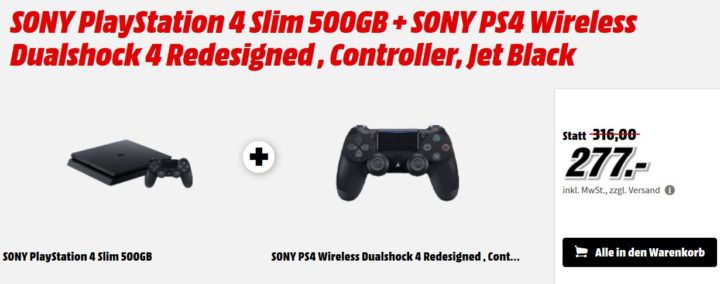 PlayStation 4 Slim 500GB +2.ter Controller für 277€ (statt 299€)