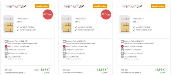 PremiumSIM Allnet Tarife ab 8,99€ mtl. (3   10 GB LTE, EU Paket   monatlich kündbar)