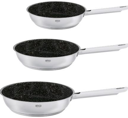 Rösle Stone   3 teiliges Bratpfannen Set Edelstahl Antihaft 20, 24 und 28 cm für zusammen 57€