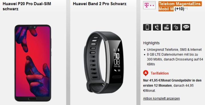 Huawei P 20 pro + Huawei Band 2 Pro + MagentaEins Mobil M Telefonie + SMS Flat + 8 GB LTE für 41,95€ mtl.