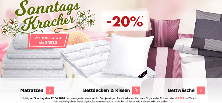 Karstadt Sonntags Kracher mit 20% Rabatt auf Bettwäsche, Bettdecken & Kissen und Matratzen