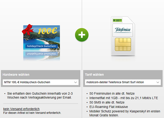 md Telefonica Smart Surf Tarif mit 50 Minuten/SMS + 1 GB Datenvolumen für 3,99€ + 100€ Holidaycheck Gutschein