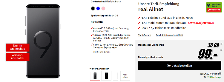 Samsung Galaxy S9 Plus für 99€ + Vodafone Flat mit 8GB für 36,99€ mtl.