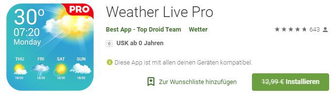 Weather Live Pro (Android) gratis statt 12,99€