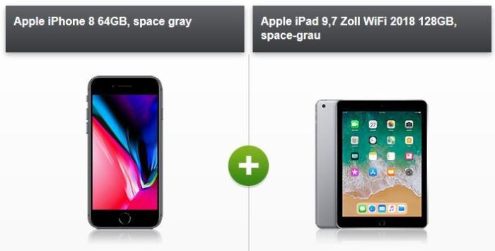 Apple iPhone 8 + iPad Wifi für 4,95€ + Magenta AllNet & SMS Flat + unbegrenzte LTE Flat (max. 300MBit/s) für 94,95€ mtl.