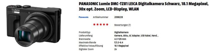 Media Markt Foto Late Night: z.B. PANASONIC Lumix DMC TZ81 LEICA Digitalkamera  für 288€