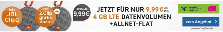 Telekom 10GB LTE Datenflat für 15,99€ mtl. oder 4GB für 9,99€ mtl. + 2 x JBL Clip2 Lautsprecher für nur 9,99€ (statt 60€)