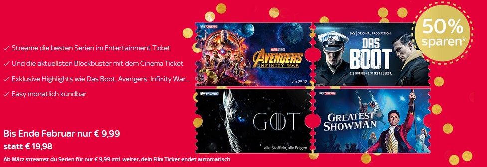 2 Monate Sky Ticket Entertainment & Cinema für einmalig 9,99€   nur Neukunden