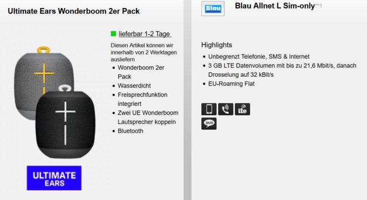 2 x Ultimate Ears Wonderboom (Wert 120€) + Blau Allnet & SMS Flat & 3GB LTE für 9,99€ mtl.