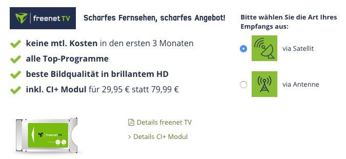 freenet TV (DVB T2) für 17,99€ mtl. + CI+ Modul für 29,95€ + gratis 48 Full HD Fernseher (Wert 300€)