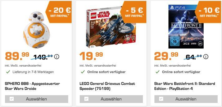 Star Wars Tag bei Saturn + bis zu 20€ Extra Rabatt dank Paypal   z.B. Star Wars Battlefront II (PS4) nur 19,99€ (statt 28€)
