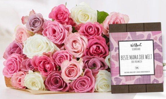 Muttertag: Rosenstrauß mit 25 Rosen + 70g Schokolade für 24,99€