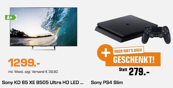 Knaller! Gratis Beigabe zu Aktionsprodukten bei Saturn   z.B. Sony KD 65XE8505 65 4K TV für 1.338,90€ (statt 1.495€) + gratis PS4 slim (Wert 250€)