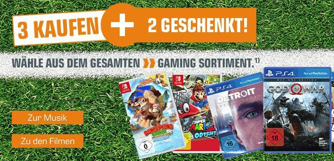 3 Games kaufen + 2 Games geschenkt   z.B. Mario Kart 8, Donkey Kong, Arms, Xenoblade Chronicles 2, Skyrim für 148€ (statt 232€)