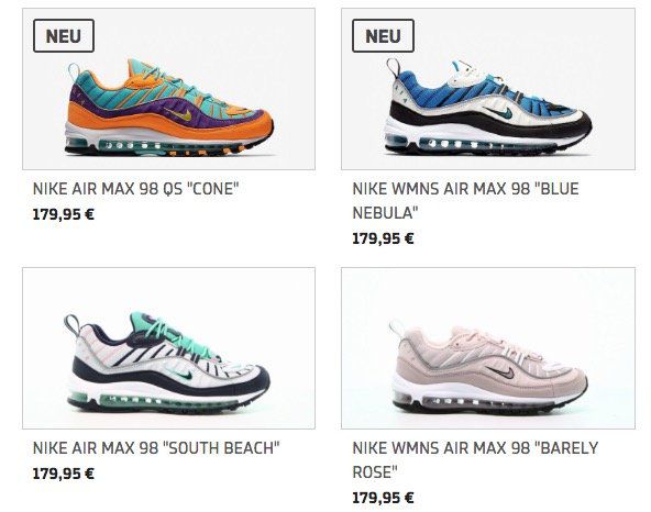 15% Rabatt auf Nike Air Max 98 Modelle beim Afew Store   z.B. Nike Air Max 98 South Beach für 152,96€ (statt 180€)