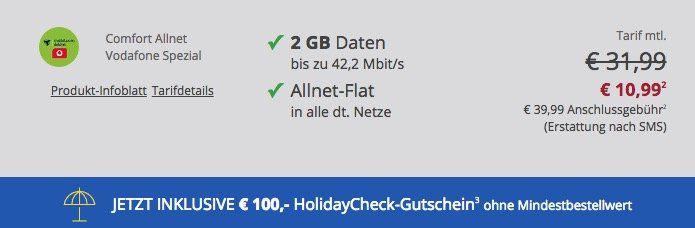 Vodafone Flat mit 2GB für 10,99€ mtl. + Smartphone ab 1€ + 100€ Reise Gutschein ohne MBW