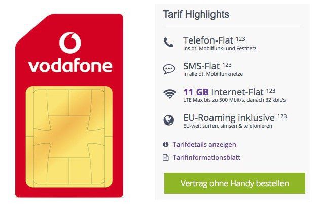 Vodafone Smart XL mit 11GB LTE + Allnet + EU Roaming für 21,99€ im Monat