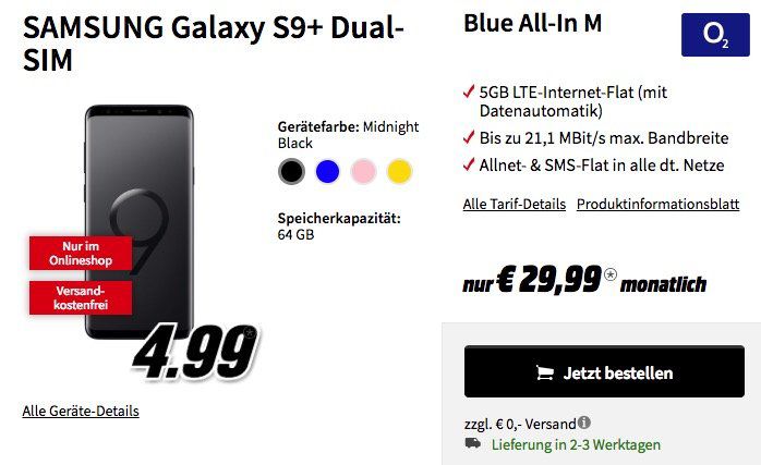Samsung Galaxy S9+ für 69€ + o2 Blue All In M mit 5GB LTE für 29,99€ mtl.