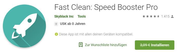 Fast Clean: Speed Booster Pro (Android) gratis statt 3,09€