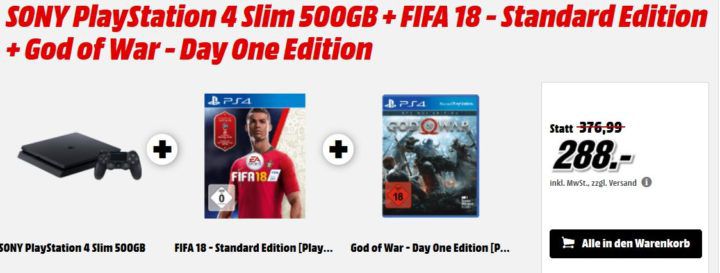 PS 4 Slim 500GB + FIFA 18 + God Of War für 288€ (statt 339€) und günstiges Zubehör & Games