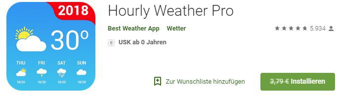 Hourly Weather Pro (Android) gratis statt 3,79€