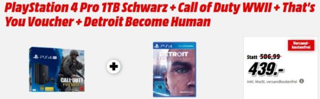 PS 4 Pro 1TB + Call of Duty WWII + Thats You Voucher + Detroit Become Human für 439€ (statt 534€) uvm. im Media Markt Dienstag Sale