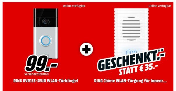 Ring 8VR1S5 Video Türklingel + Ring Chime WLAN Türgong für 99€ (statt 130€)