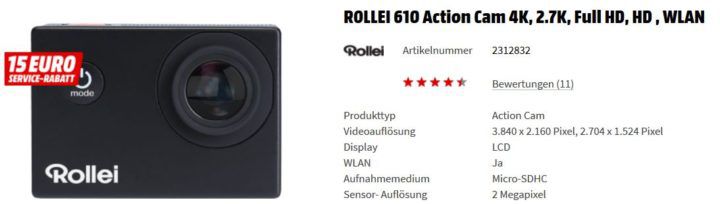 Media Markt Foto Late Night: z.B. ROLLEI 610 Action Cam für 44€