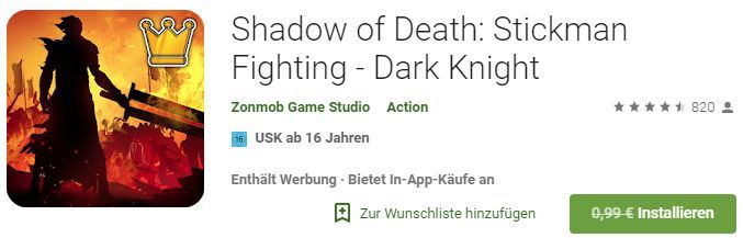Shadow of Death: Stickman Fighting   Dark Knight (Android) gratis statt 0,99€
