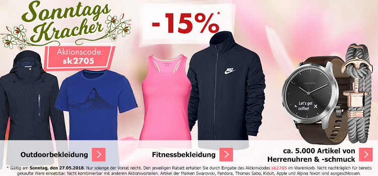 Karstadt Sonntags Kracher mit 15% Rabatt auf Herrenuhren,  schmuck, Outdoor  und Fitnessbekleidung