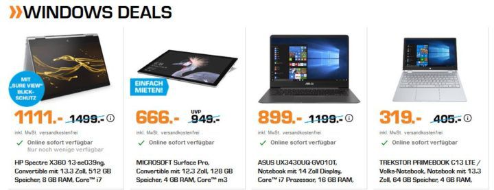 Saturn Windows Helden der Nacht: günstige Notebooks z.B. Microsoft Surface Pro Convertible für 666€