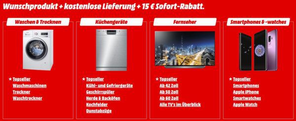 Media Markt VSK frei auf alle Online Artikel inkl. Großgeräte + 15€ Gutschein auf Service Leistungen