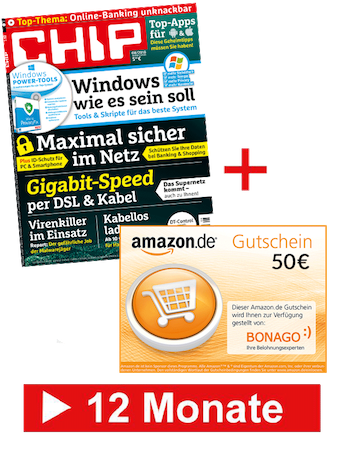 12 Ausgaben CHIP mit DVD für 69,60€ + 50€ Amazon Gutschein