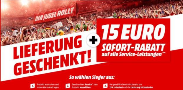 Media Markt VSK frei auf alle Online Artikel inkl. Großgeräte + 15€ Gutschein auf Service Leistungen