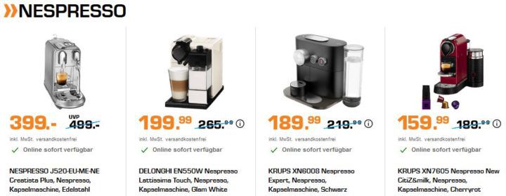 Saturn Late Night: günstige Nespresso Maschinen   z.B. NESPRESSO J520 für 399€ (statt 499€) + Kapsel Guthaben