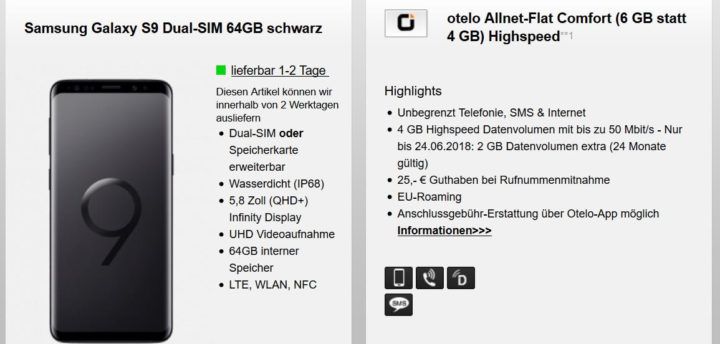 Samsung Galaxy S9 für 9,95€ + Otelo Allnet  & SMS Flat inkl. 6GB Daten für 29,99€ mtl.