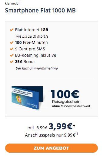 TOP! Vodafone Tarif mit 100 Minuten + 1GB nur 3,99€ mtl. + 100€ Reisegutschein oder mit Allnet Flat + 3GB für 9,99€ mtl.