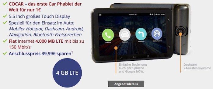 Telekom 4GB LTE Datentarif für 9,99€ mtl. + Cocar Navigations Phablet mit Hotsport Funktion für 1€ (Wert 130€)