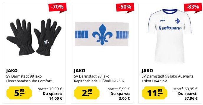 Darmstadt 98 Sale bei SportSpar   z.B. Trikot für 11,99€ oder Bommelmütze für 3,99€