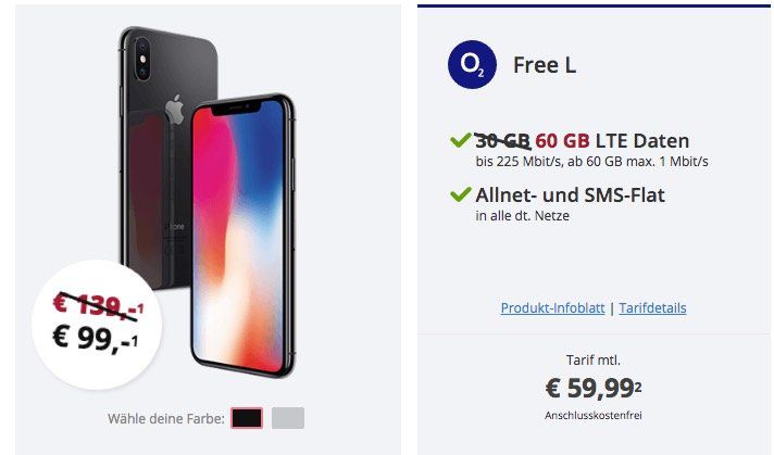 Volumen Knaller! iPhone X für 99€ + o2 Allnet Flat mit 60GB LTE (!) für 59,99€ mtl.