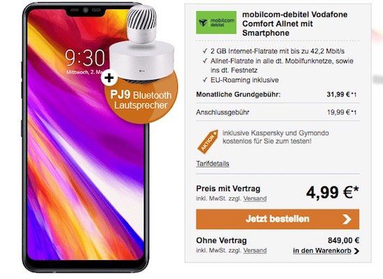 LG G7 ThinQ für 4,99€ + Vodafone Flat mit 2GB für 31,99€ mtl. + gratis LG PJ9 Lautsprecher (Wert: 185€)