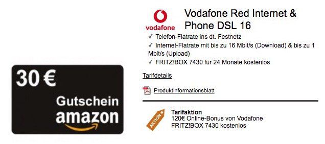 Vodafone DSL Red Internet & Phone 16 Mbit/s für eff. 11,66€ mtl. (oder 100 Mbit/s für eff. 17,49€ mtl.) + 30€ Amazon Gutschein + FRITZ!BOX für 24 Monate gratis