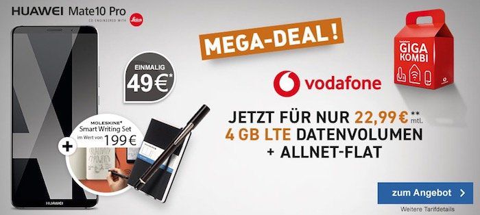 Huawei Mate 10 Pro für 49€ inkl. Moleskine+ Smart Writing Set gratis + Vodafone Young M mit 4GB LTE für 22,99€ mtl.