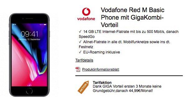 iPhone 8 für 4,99€ + Vodafone Red M Basic mit 14GB LTE für 44,99€ mtl.   nur GigaKombi Vorteil!