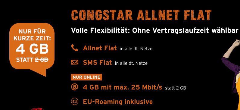 Knaller! 3 Monate Congstar Allnet Flat im Telekom Netz mit 4GB effektiv gratis + monatlich kündbar