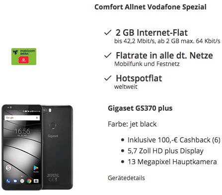 Knaller! Gigaset GS370 plus Smartphone für 4,95€ + 100€ Cashback + Vodafone Allnet Flat mit 2GB für 10,99€ mtl.